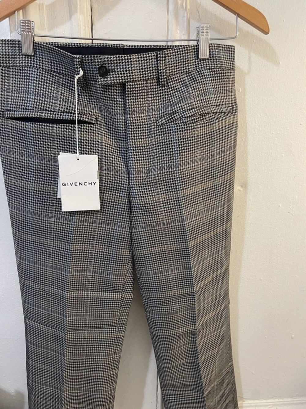 Givenchy Black & White Glen Plaid Trousers with Subtle Blue Accents